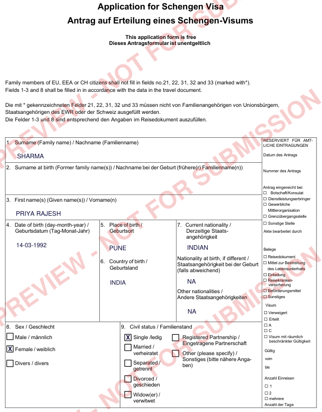 Preview of a filled Schengen visa application form